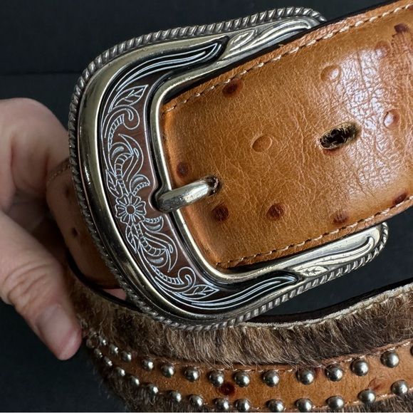 Ostrich Leather Belt Mens 38 Cowhide Exotic Studded Embellished Cowboy Western - Picture 5 of 15